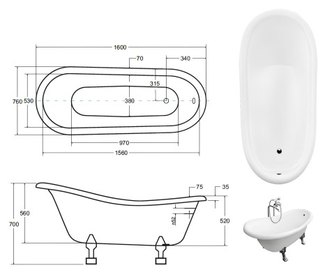 Vintage vrijstaande badkuip, klassieke badkuip, nieuw