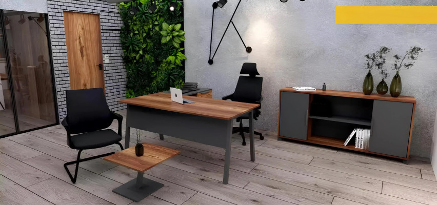 Bruine hoektafel met planken voor kantoor