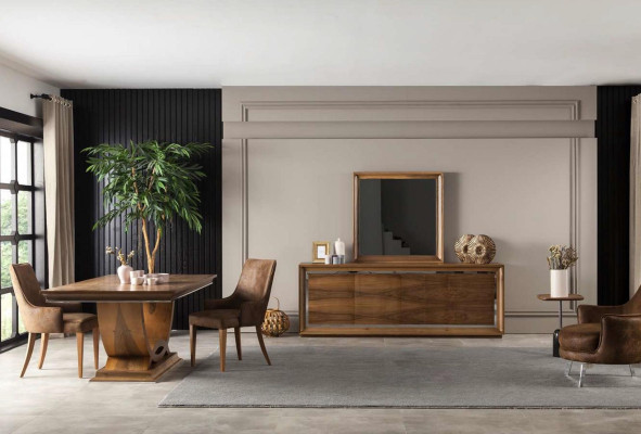 Luxe eettafelset met 4 stoelen en verstelbare buffet in 5 delen