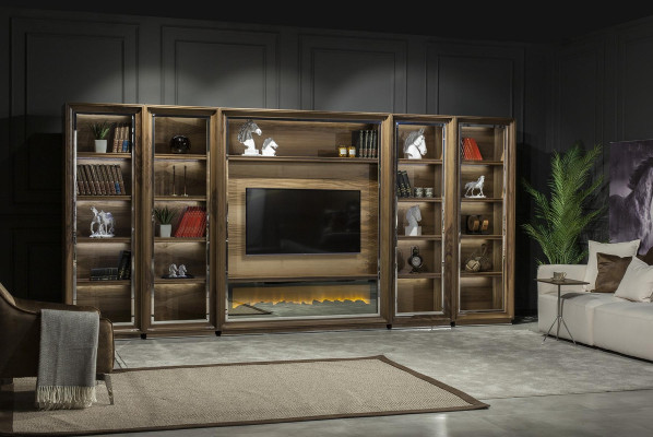 Luxe woonkamerwand, 448 cm, met houten haard