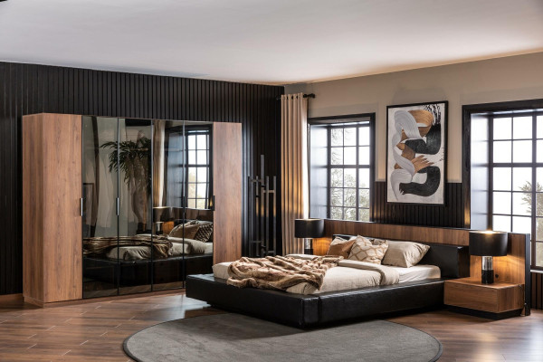 Bruine slaapkamermeubelset, inclusief bed, kast en 2 nachtkastjes, 4 stuks.