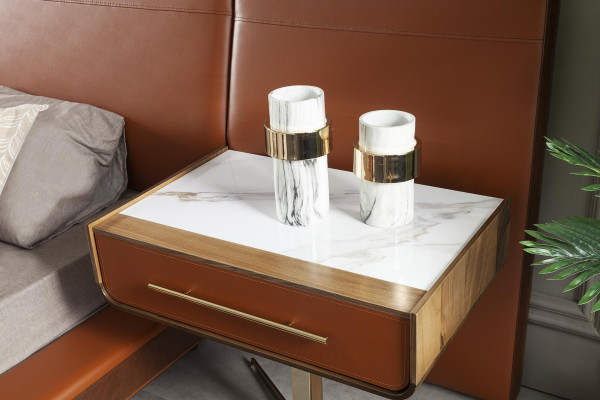 Gelaagd oranje bed set met 2 mobiele nachtkastjes, 3 delen