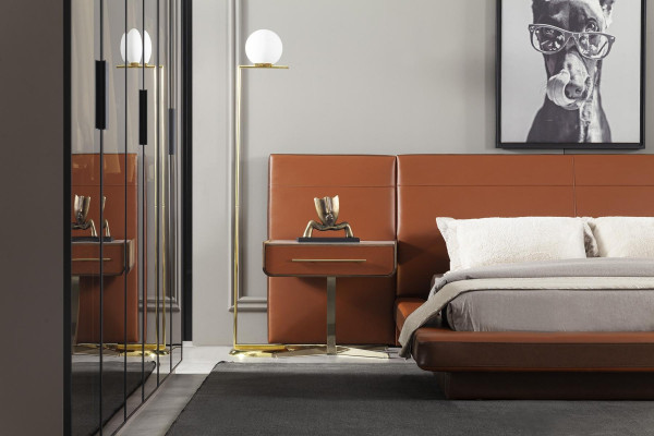 Gelaagd oranje bed set met 2 mobiele nachtkastjes, 3 delen