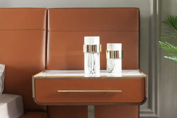 Gelaagd oranje bed set met 2 mobiele nachtkastjes, 3 delen