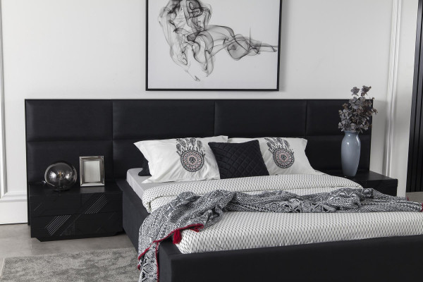 Moderne slaapkamer set Mustat, 3-delige nachtkastje, leren bed