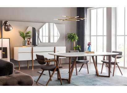 Witte houten eettafelset, tafel, stoelen, nachtkastje 9 stuks.