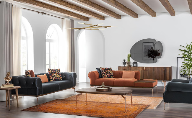 Drie-zits bank in blauw-oranje stof