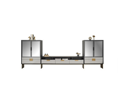 TV-meubel met vitrinekast, woonkamer set, nieuw, wit, 3 stuks.