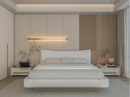 Luxe grijze bed met gouden details, modern ontwerp en comfortabele hoofdeinde