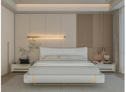 Luxe grijze bed met gouden details, modern ontwerp en comfortabele hoofdeinde