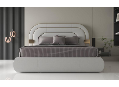 Luxe grijze bedframe met gouden details in modern ontwerp en zachte hoofdeinde