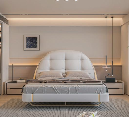 Luxe stoffen bed met geborduurde accenten en modern ronde hoofdeinde