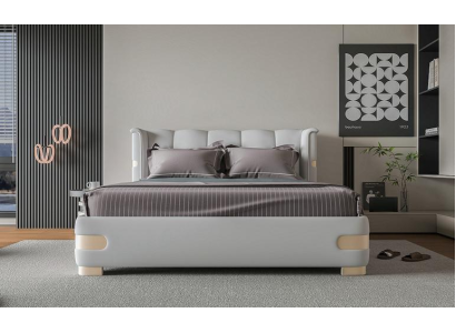 Luxe grijze bedframe met gouden details, zachte hoofdeinde voor een moderne slaapkamer