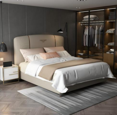 Luxe bed in beige met modern gestoffeerd hoofdeinde