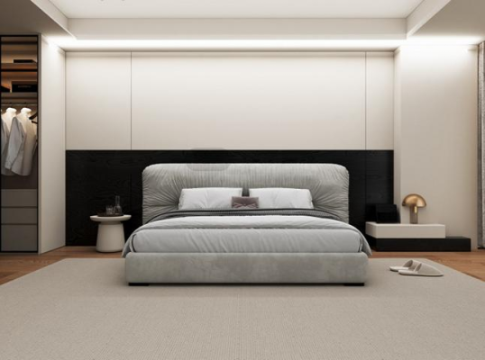 Luxe grijze bedframe met moderne gestoffeerde hoofdbord
