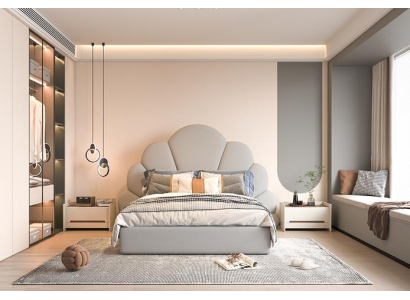 Moderne luxe bed met bloemenstof hoofdeinde