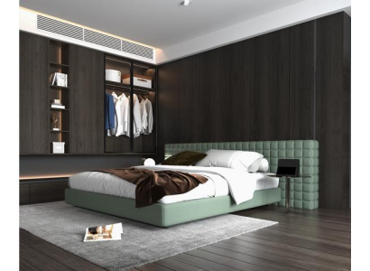 Moderne bed met elegante gestoffeerde hoofdeinde voor de slaapkamer