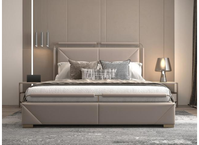 Moderne luxe bedontwerp in beige met gouden details en een elegante hoofdbord