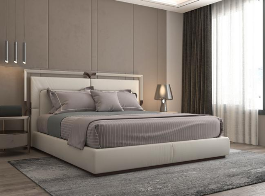 Moderne luxe bed in beige met bruine accenten en een elegante hoofdbord