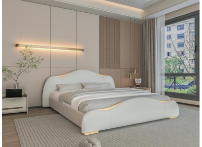 Moderne grijze bed met gouden details en een elegante hoofdeinde