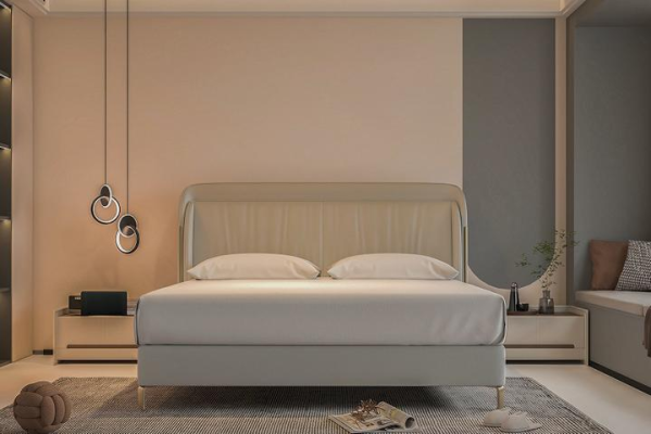 Moderne luxe bed met elegante gouden hoofdbord in grijs