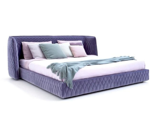 Moderne blauwe fluwelen bed met elegante hoofdbord