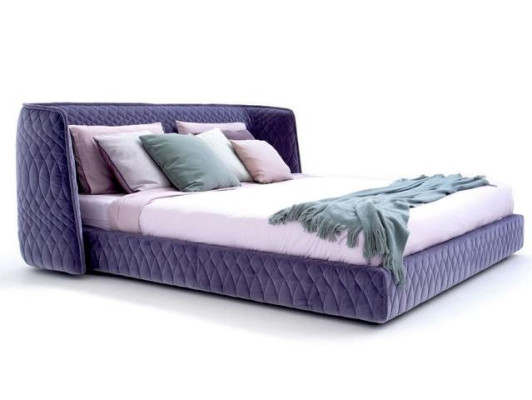 Moderne blauwe fluwelen bed met elegante hoofdbord
