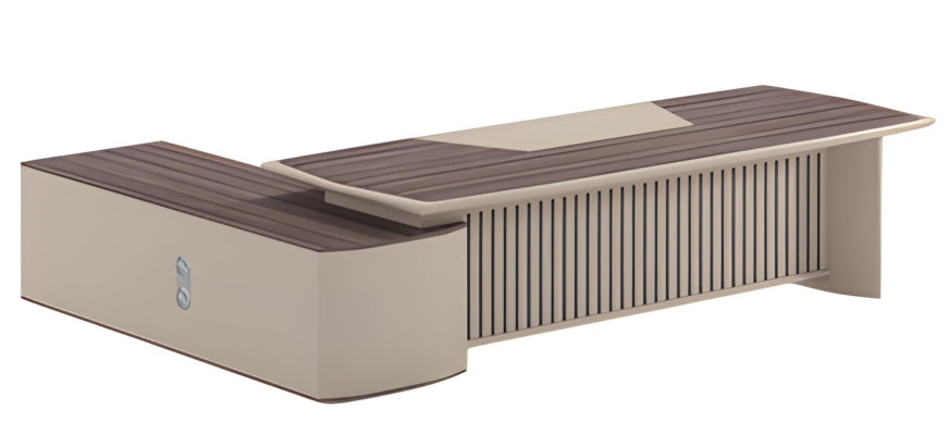 Moderne beige bureau met houten effect en groot oppervlak