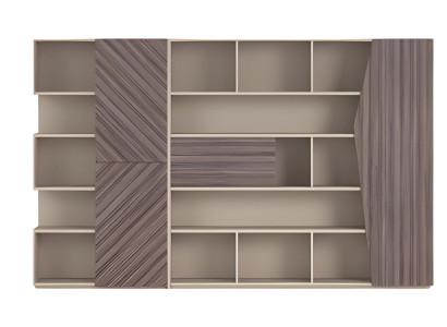 Moderne opbergsysteem met houten effect in beige en bruin, open kast met lades