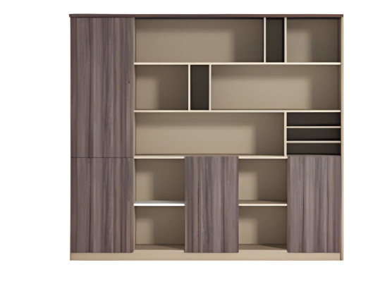 Moderne beige en bruine kantoorkast met houten effect, open, voor werkplek