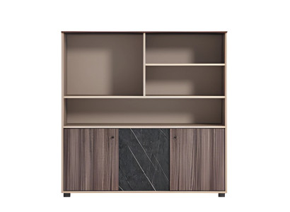 Moderne bruin-beige bureau kast met hout- en steenstructuur, open deuren