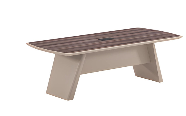 Beige bureau met houten structuur en modern ontwerp voor gebruik in kantoor en thuis