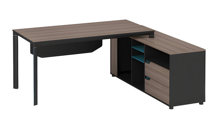 Moderne donkere houten hoektafel met planken en lades