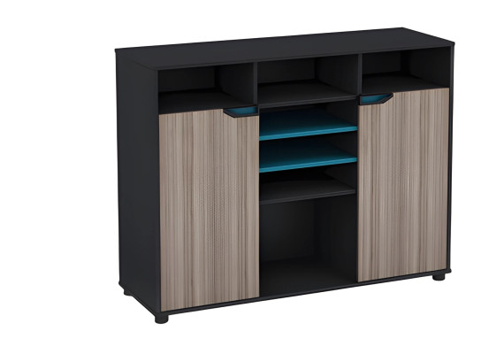 Moderne zwarte en bruine kast met houten effect en blauwe deuren en planken