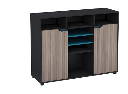 Moderne zwarte en bruine kast met houten effect en blauwe deuren en planken