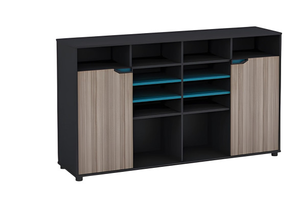 Moderne zwarte houten meubelset met turquoise plank
