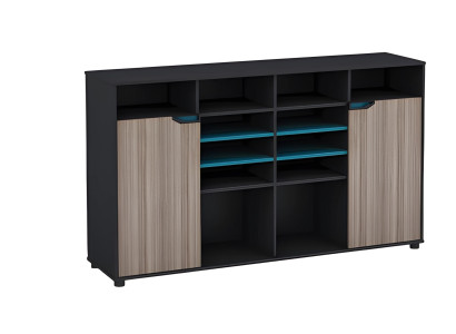 Moderne zwarte houten meubelset met turquoise plank