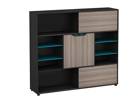 Moderne kast, bruin en zwart, met deuren en planken, blauw, voor kantoor