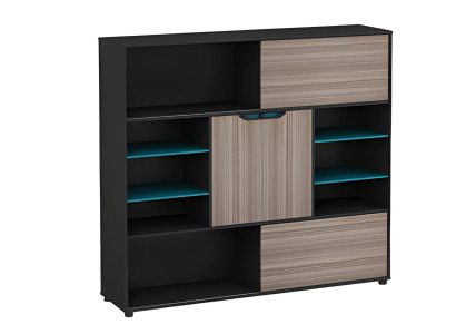 Moderne kast, bruin en zwart, met deuren en planken, blauw, voor kantoor