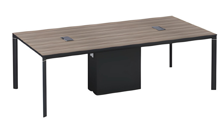 Zwarte en bruine houten vergadertafel met kabelbeheer en modern ontwerp