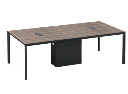 Zwarte en bruine houten vergadertafel met kabelbeheer en modern ontwerp