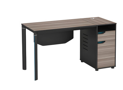 Moderne zwarte houten bureau met kabelbeheeropeningen en opbergruimte