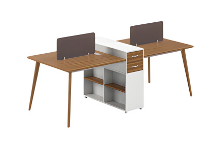 Moderne bureau tafel met plank en eenvoudige scheidingswand