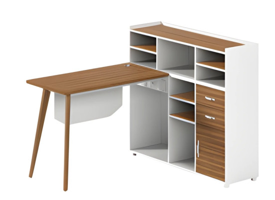 Balta houten tafel met opbergruimte, open compartimenten en elegante poten