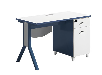 Moderne zilveren en witte bureau met een gladde bovenkant en opbergruimte
