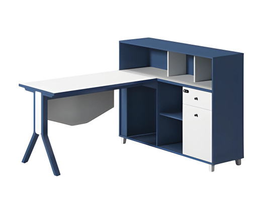 Zwarte en witte bureau met opbergruimte, open planken en elegante poten