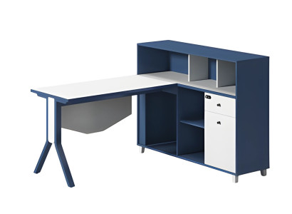 Zwarte en witte bureau met opbergruimte, open planken en elegante poten