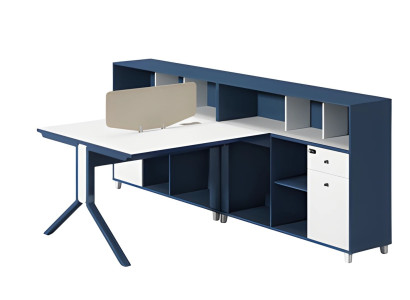 Moderne blauwe en witte kantoor met scheidingspaneel en opbergruimte