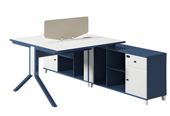 Zwarte en witte bureau met lade, opbergruimte en moderne metalen poten