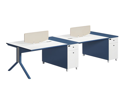 Moderne zilveren en witte bureau met twee secties en scheidingspaneel
